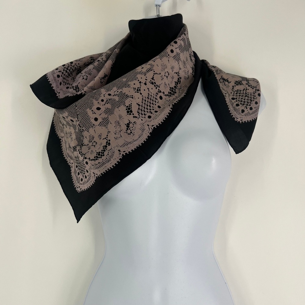 Lanvin Paris Silk Square Scarf Black Pink Floral Lace Print Hand Rolled - Picture 4 of 12